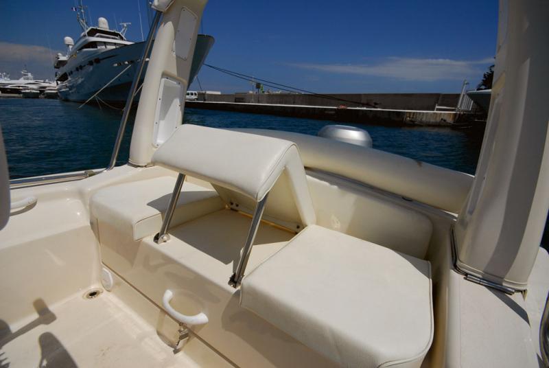 L'idée est bonne de doter le siège de pilotage d'une assise relevable pour donner au barreur un appui en position debout. Par contre, l'absence de blocage du support articulé pose problème en mer formée.