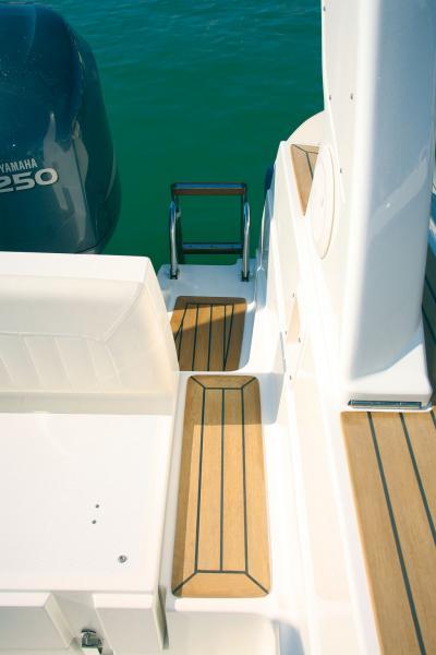 Un bon point pour le passage latéral vers la plate-forme de bain à tribord. Le Flexiteck possède une bonne adhérence.