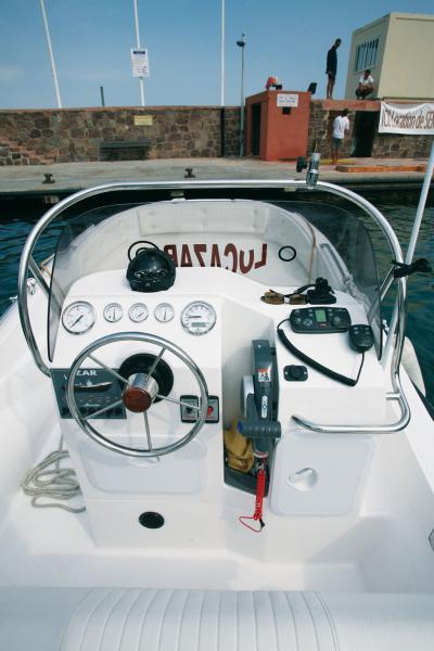 La console large offre un poste de pilotage bien organisé : à gauche les instruments de contrôle du moteur, et à droite une large surface pour intégrer VHF, sondeur et GPS.
