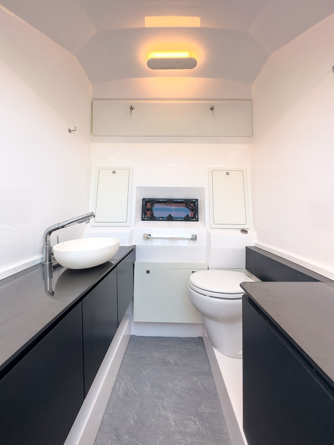 La console abrite un confortable cabinet de toilette avec lavabo, WC marin et douche. 